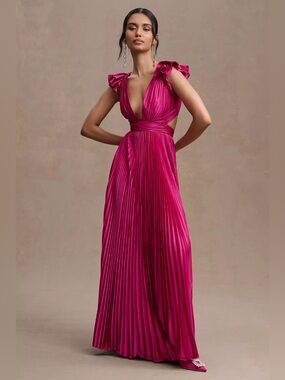 Mac Duggal Pleated Flutter-Sleeve Deep-V Lace-Up Gown